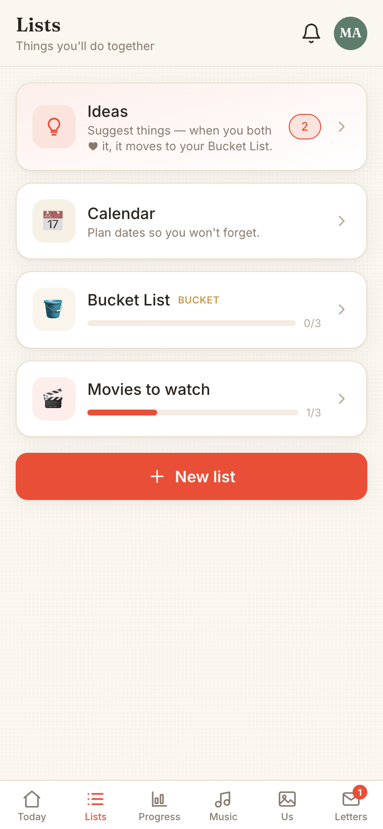 Tandem shared lists and bucket list