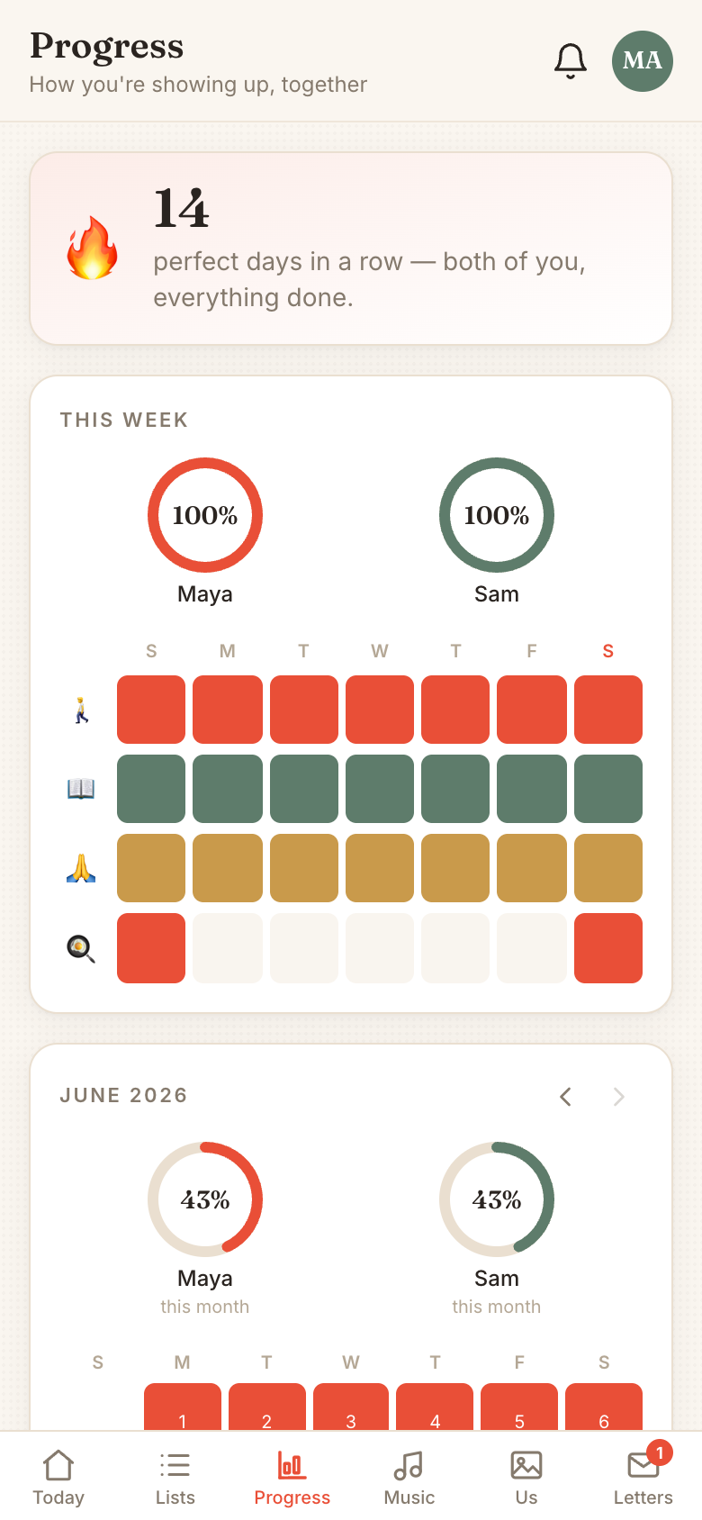 Tandem progress dashboard with streak and heatmap